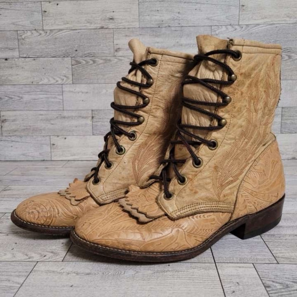 Vintage Larry Mahan Western Brown Tooled Leather Kiltie Cowboy Boots Size 6.5